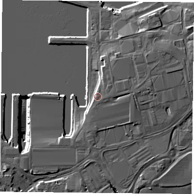 Shaded relief map of the ground around PO13NS, computed from Environment Agency LiDAR. The ground here sits at about 7 m above sea level and falls 19 m across the surrounding 800 m. The ground contributing surface water to this point lies to the east.