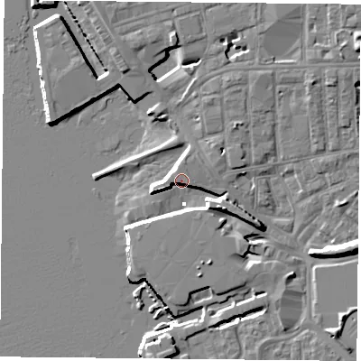 Shaded relief map of the ground around PO13PA, computed from Environment Agency LiDAR. The ground here sits at about 5 m above sea level and falls 11 m across the surrounding 800 m. Surface water reaching this point runs off ground lying to the west-south-west, 5.4 m higher.