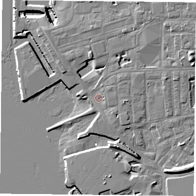 Shaded relief map of the ground around PO13PU, computed from Environment Agency LiDAR. The ground here sits at about 4 m above sea level and falls 13 m across the surrounding 800 m. Surface water reaching this point runs off ground lying to the north-east, 2.5 m higher.
