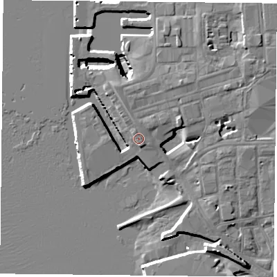 Shaded relief map of the ground around PO13PX, computed from Environment Agency LiDAR. The ground here sits at about 5 m above sea level and falls 12 m across the surrounding 800 m. Surface water reaching this point runs off ground lying to the north, 0.8 m higher.