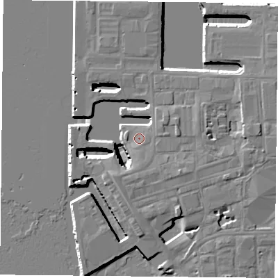 Shaded relief map of the ground around PO13PY, computed from Environment Agency LiDAR. The ground here sits at about 4 m above sea level and falls 11 m across the surrounding 800 m. Surface water reaching this point runs off ground lying to the south-east, 1.1 m higher.