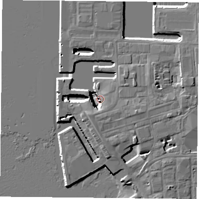 Shaded relief map of the ground around PO13PZ, computed from Environment Agency LiDAR. The ground here sits at about 4 m above sea level and falls 11 m across the surrounding 800 m. Surface water reaching this point runs off ground lying to the south-south-west, 10.7 m higher.