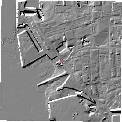 Shaded relief map of the ground around PO13QX, computed from Environment Agency LiDAR. The ground here sits at about 3 m above sea level and falls 13 m across the surrounding 800 m. Surface water reaching this point runs off ground lying to the north, 5.8 m higher.