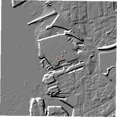 Shaded relief map of the ground around PO13TP, computed from Environment Agency LiDAR. The ground here sits at about 5 m above sea level and falls 11 m across the surrounding 800 m. Surface water reaching this point runs off ground lying to the east-north-east, 0.9 m higher.