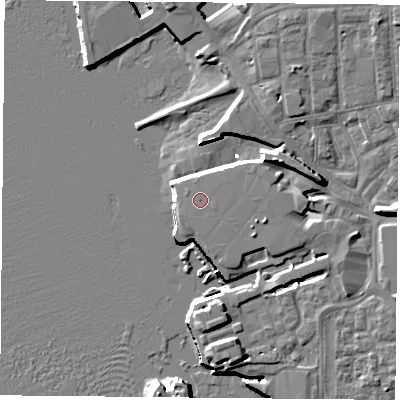Shaded relief map of the ground around PO13TT, computed from Environment Agency LiDAR. The ground here sits at about 5 m above sea level and falls 11 m across the surrounding 800 m. The ground contributing surface water to this point lies to the east-south-east.