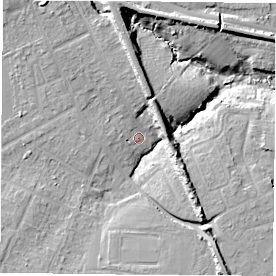Shaded relief map of the ground around PO141AF, computed from Environment Agency LiDAR. The ground here sits at about 8 m above sea level and falls 16 m across the surrounding 800 m. Surface water reaching this point runs off ground lying to the south-east, 12.7 m higher.