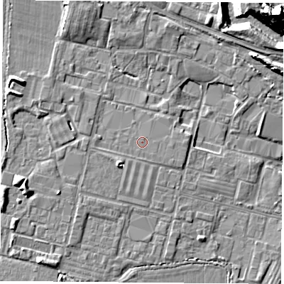 Shaded relief map of the ground around PO141AS, computed from Environment Agency LiDAR. The ground here sits at about 12 m above sea level and falls 13 m across the surrounding 800 m. Surface water reaching this point runs off ground lying to the south-west, 2.8 m higher.