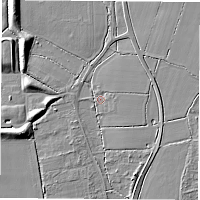 Shaded relief map of the ground around PO141AX, computed from Environment Agency LiDAR. The ground here sits at about 9 m above sea level and falls 9 m across the surrounding 800 m. Surface water reaching this point runs off ground lying to the north-west, 7.6 m higher.