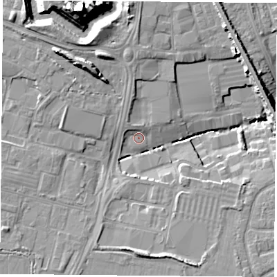 Shaded relief map of the ground around PO141TU, computed from Environment Agency LiDAR. The ground here sits at about 8 m above sea level and falls 18 m across the surrounding 800 m. Surface water reaching this point runs off ground lying to the north, 1.7 m higher.
