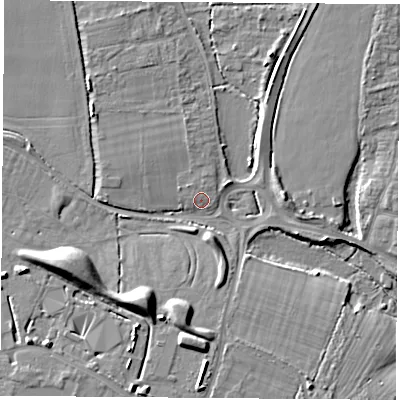 Shaded relief map of the ground around PO142AA, computed from Environment Agency LiDAR. The ground here sits at about 8 m above sea level and falls 11 m across the surrounding 800 m. Surface water reaching this point runs off ground lying to the north-north-west, 1.4 m higher.