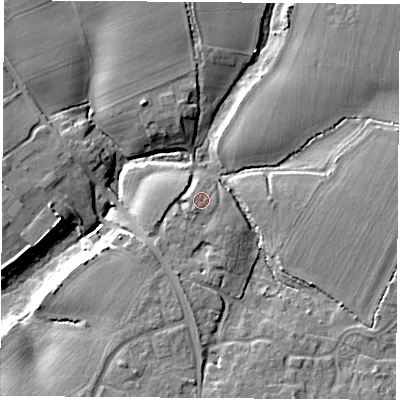 Shaded relief map of the ground around PO142FB, computed from Environment Agency LiDAR. The ground here sits at about 9 m above sea level and falls 10 m across the surrounding 800 m. Surface water reaching this point runs off ground lying to the south-west, 2.6 m higher.