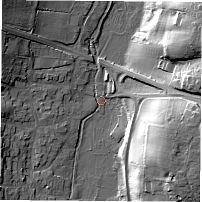 Shaded relief map of the ground around PO143EB, computed from Environment Agency LiDAR. The ground here sits at about 3 m above sea level and falls 31 m across the surrounding 800 m. Surface water reaching this point runs off ground lying to the east-south-east, 29.7 m higher.