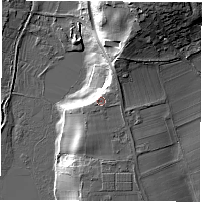 Shaded relief map of the ground around PO143ES, computed from Environment Agency LiDAR. The ground here sits at about 14 m above sea level and falls 29 m across the surrounding 800 m. Surface water reaching this point runs off ground lying to the south-west, 0.6 m higher.