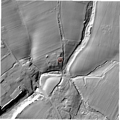 Shaded relief map of the ground around PO143EZ, computed from Environment Agency LiDAR. The ground here sits at about 10 m above sea level and falls 11 m across the surrounding 800 m. Surface water reaching this point runs off ground lying to the north, 5.4 m higher.