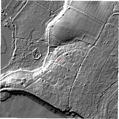 Shaded relief map of the ground around PO143HX, computed from Environment Agency LiDAR. The ground here sits at about 6 m above sea level and falls 12 m across the surrounding 800 m. Surface water reaching this point runs off ground lying to the south-east, 6.3 m higher.