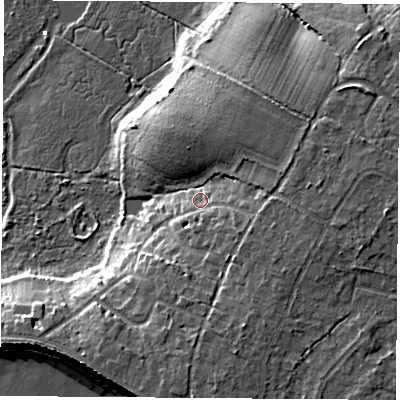 Shaded relief map of the ground around PO143HZ, computed from Environment Agency LiDAR. The ground here sits at about 7 m above sea level and falls 12 m across the surrounding 800 m. Surface water reaching this point runs off ground lying to the east, 5.6 m higher.