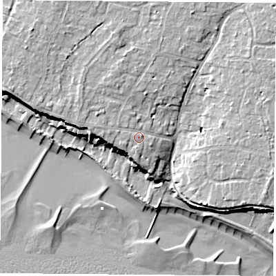 Shaded relief map of the ground around PO143JH, computed from Environment Agency LiDAR. The ground here sits at about 9 m above sea level and falls 13 m across the surrounding 800 m. Surface water reaching this point runs off ground lying to the west-north-west, 1.3 m higher.