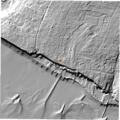 Shaded relief map of the ground around PO143JL, computed from Environment Agency LiDAR. The ground here sits at about 10 m above sea level and falls 13 m across the surrounding 800 m. Surface water reaching this point runs off ground lying to the west-south-west, 0.8 m higher.