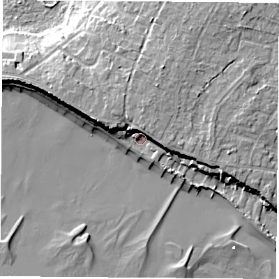 Shaded relief map of the ground around PO143JP, computed from Environment Agency LiDAR. The ground here sits at about 3 m above sea level and falls 13 m across the surrounding 800 m. Surface water reaching this point runs off ground lying to the north-north-west, 8.3 m higher.