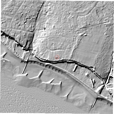 Shaded relief map of the ground around PO143LU, computed from Environment Agency LiDAR. The ground here sits at about 9 m above sea level and falls 13 m across the surrounding 800 m. Surface water reaching this point runs off ground lying to the east-south-east, 0.8 m higher.
