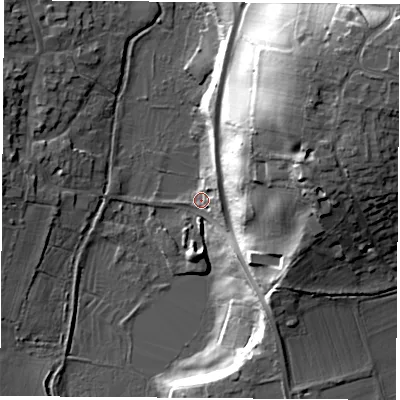 Shaded relief map of the ground around PO143QL, computed from Environment Agency LiDAR. The ground here sits at about 3 m above sea level and falls 31 m across the surrounding 800 m. Surface water reaching this point runs off ground lying to the east-north-east, 4.7 m higher.