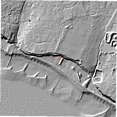 Shaded relief map of the ground around PO143QS, computed from Environment Agency LiDAR. The ground here sits at about 4 m above sea level and falls 14 m across the surrounding 800 m. Surface water reaching this point runs off ground lying to the east, 7.2 m higher.