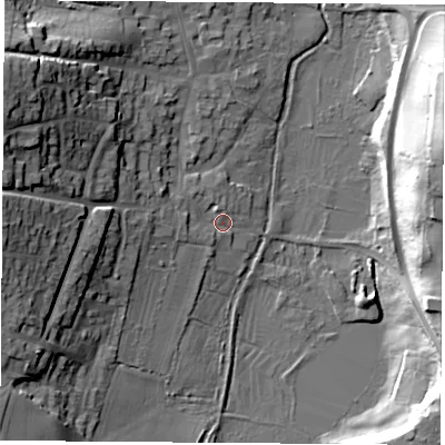 Shaded relief map of the ground around PO144EA, computed from Environment Agency LiDAR. The ground here sits at about 4 m above sea level and falls 25 m across the surrounding 800 m. Surface water reaching this point runs off ground lying to the west, 3.1 m higher.