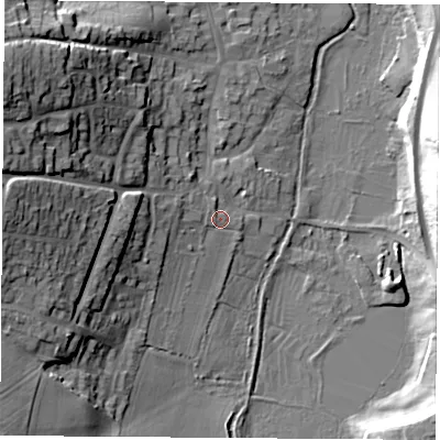 Shaded relief map of the ground around PO144EB, computed from Environment Agency LiDAR. The ground here sits at about 5 m above sea level and falls 28 m across the surrounding 800 m. Surface water reaching this point runs off ground lying to the west, 1.4 m higher.