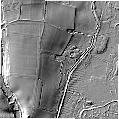 Shaded relief map of the ground around PO144HF, computed from Environment Agency LiDAR. The ground here sits at about 3 m above sea level and falls 12 m across the surrounding 800 m. Surface water reaching this point runs off ground lying to the north-west, 6.7 m higher.