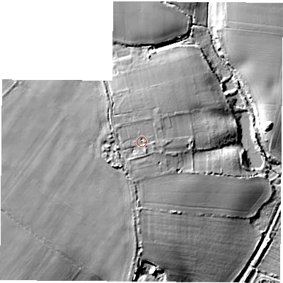 Shaded relief map of the ground around PO144HJ, computed from Environment Agency LiDAR. The ground here sits at about 11 m above sea level and falls 12 m across the surrounding 800 m. Surface water reaching this point runs off ground lying to the south-west, 2.3 m higher.