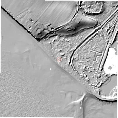 Shaded relief map of the ground around PO144HN, computed from Environment Agency LiDAR. The ground here sits at about 3 m above sea level and falls 14 m across the surrounding 800 m. Surface water reaching this point runs off ground lying to the south, 0.9 m higher.