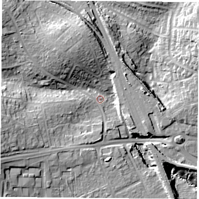 Shaded relief map of the ground around PO155AB, computed from Environment Agency LiDAR. The ground here sits at about 12 m above sea level and falls 22 m across the surrounding 800 m. Surface water reaching this point runs off ground lying to the west-south-west, 11.6 m higher.