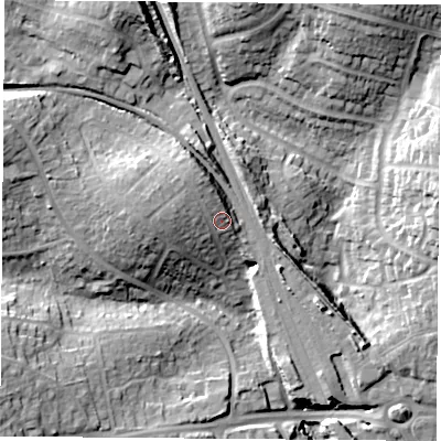 Shaded relief map of the ground around PO155AH, computed from Environment Agency LiDAR. The ground here sits at about 20 m above sea level and falls 22 m across the surrounding 800 m. Surface water reaching this point runs off ground lying to the west-north-west, 4.9 m higher.