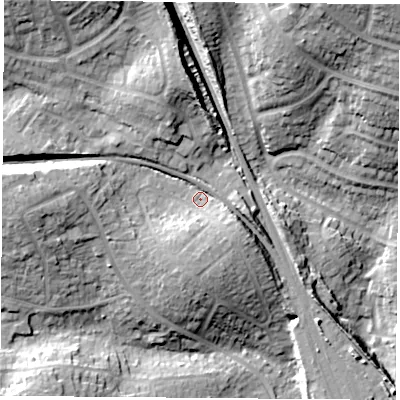 Shaded relief map of the ground around PO155AJ, computed from Environment Agency LiDAR. The ground here sits at about 19 m above sea level and falls 24 m across the surrounding 800 m. Surface water reaching this point runs off ground lying to the north-west, 13.1 m higher.