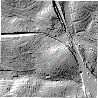 Shaded relief map of the ground around PO155AL, computed from Environment Agency LiDAR. The ground here sits at about 20 m above sea level and falls 22 m across the surrounding 800 m. Surface water reaching this point runs off ground lying to the south-east, 4.8 m higher.