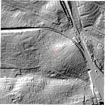 Shaded relief map of the ground around PO155AN, computed from Environment Agency LiDAR. The ground here sits at about 23 m above sea level and falls 22 m across the surrounding 800 m. Surface water reaching this point runs off ground lying to the east-south-east, 1.9 m higher.