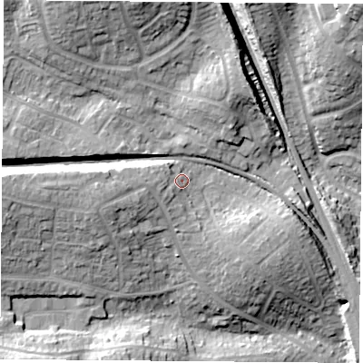 Shaded relief map of the ground around PO155BA, computed from Environment Agency LiDAR. The ground here sits at about 21 m above sea level and falls 25 m across the surrounding 800 m. Surface water reaching this point runs off ground lying to the west-south-west, 5.0 m higher.