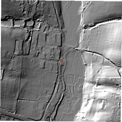 Shaded relief map of the ground around PO155RA, computed from Environment Agency LiDAR. The ground here sits at about 5 m above sea level and falls 30 m across the surrounding 800 m. Surface water reaching this point runs off ground lying to the west-north-west, 19.7 m higher.