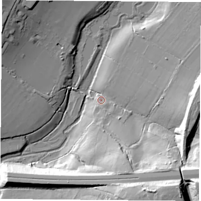 Shaded relief map of the ground around PO156QT, computed from Environment Agency LiDAR. The ground here sits at about 12 m above sea level and falls 42 m across the surrounding 800 m. Surface water reaching this point runs off ground lying to the south-east, 31.7 m higher.