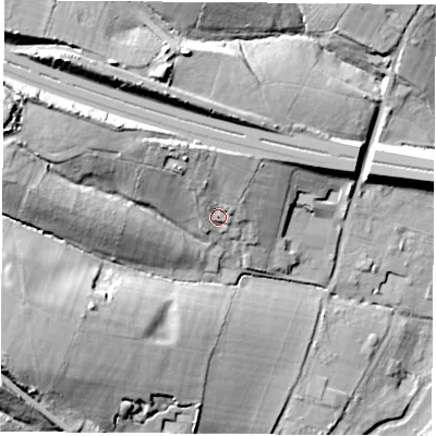 Shaded relief map of the ground around PO156QY, computed from Environment Agency LiDAR. The ground here sits at about 22 m above sea level and falls 36 m across the surrounding 800 m. Surface water reaching this point runs off ground lying to the north-north-west, 11.1 m higher.