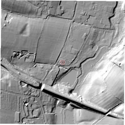 Shaded relief map of the ground around PO156QZ, computed from Environment Agency LiDAR. The ground here sits at about 10 m above sea level and falls 28 m across the surrounding 800 m. Surface water reaching this point runs off ground lying to the north, 1.8 m higher.