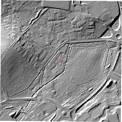 Shaded relief map of the ground around PO157JN, computed from Environment Agency LiDAR. The ground here sits at about 16 m above sea level and falls 16 m across the surrounding 800 m. Surface water reaching this point runs off ground lying to the west, 12.1 m higher.