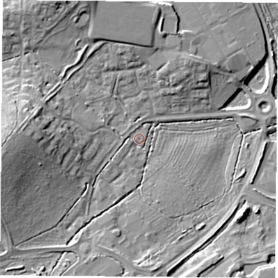 Shaded relief map of the ground around PO157JW, computed from Environment Agency LiDAR. The ground here sits at about 16 m above sea level and falls 16 m across the surrounding 800 m. Surface water reaching this point runs off ground lying to the south-west, 2.3 m higher.