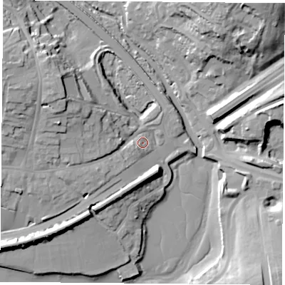 Shaded relief map of the ground around PO160DE, computed from Environment Agency LiDAR. The ground here sits at about 5 m above sea level and falls 29 m across the surrounding 800 m. Surface water reaching this point runs off ground lying to the west, 9.3 m higher.