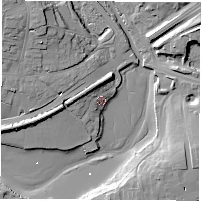 Shaded relief map of the ground around PO160DG, computed from Environment Agency LiDAR. The ground here sits at about 5 m above sea level and falls 20 m across the surrounding 800 m. Surface water reaching this point runs off ground lying to the north-west, 6.1 m higher.
