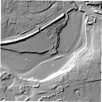 Shaded relief map of the ground around PO160DQ, computed from Environment Agency LiDAR. The ground here sits at about 3 m above sea level and falls 16 m across the surrounding 800 m. Surface water reaching this point runs off ground lying to the north, 10.2 m higher.