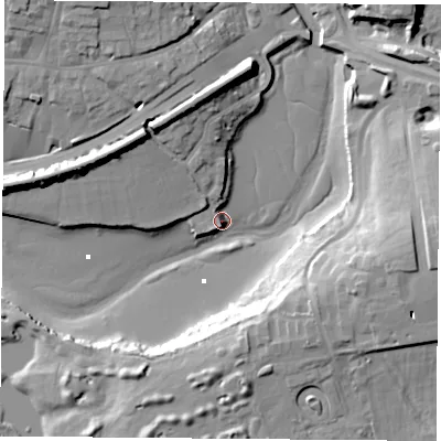 Shaded relief map of the ground around PO160DX, computed from Environment Agency LiDAR. The ground here sits at about 2 m above sea level and falls 16 m across the surrounding 800 m. Surface water reaching this point runs off ground lying to the north-north-west, 8.8 m higher.