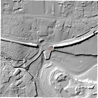 Shaded relief map of the ground around PO160LZ, computed from Environment Agency LiDAR. The ground here sits at about 3 m above sea level and falls 18 m across the surrounding 800 m. Surface water reaching this point runs off ground lying to the north-east, 13.1 m higher.
