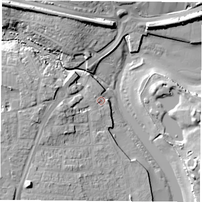 Shaded relief map of the ground around PO160RA, computed from Environment Agency LiDAR. The ground here sits at about 3 m above sea level and falls 17 m across the surrounding 800 m. Surface water reaching this point runs off ground lying to the west, 3.8 m higher.