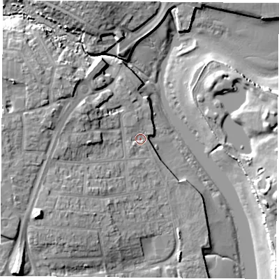 Shaded relief map of the ground around PO160RJ, computed from Environment Agency LiDAR. The ground here sits at about 3 m above sea level and falls 17 m across the surrounding 800 m. Surface water reaching this point runs off ground lying to the west-south-west, 6.2 m higher.
